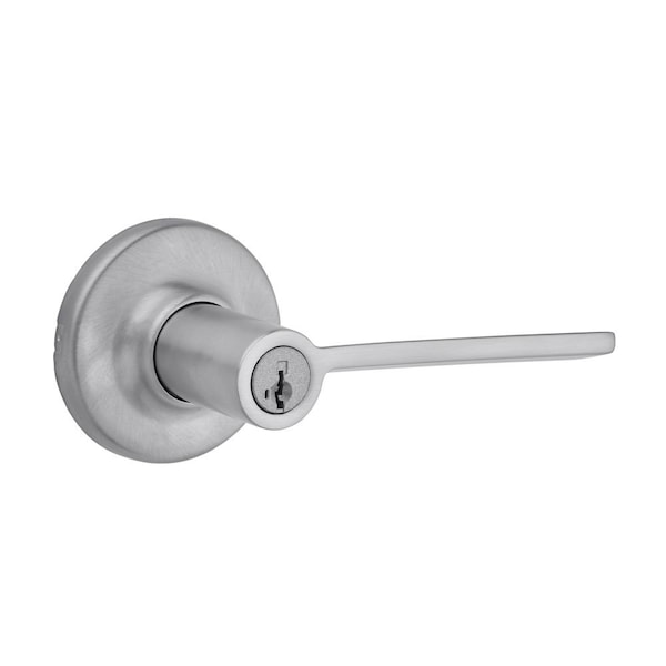 Ladera Lever, Round Rose Entry Door Lock SmartKey, and 6AL Latch, RCS Strike Satin Chrome Finish